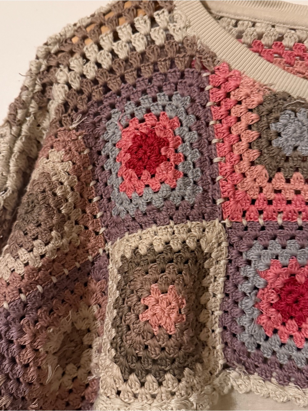 Lucky Brand Crochet Yoke Pullover Granny Square Woven L Boho - Picture 11 of 12